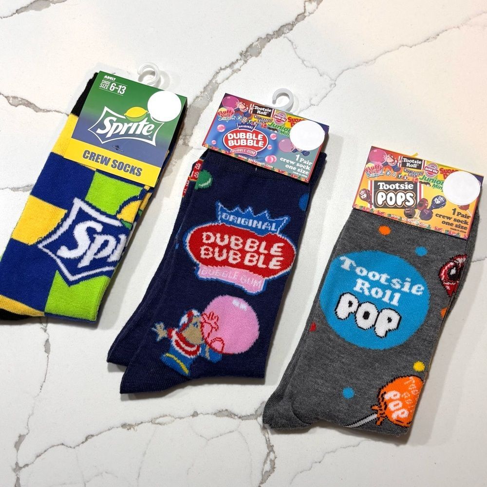 1-Pair Novelty Crew Socks Colorful Design - Sprite Double Bubble OR Tootsie Pops